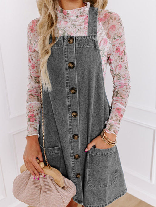 Button Down Grey Denim Overall Dress