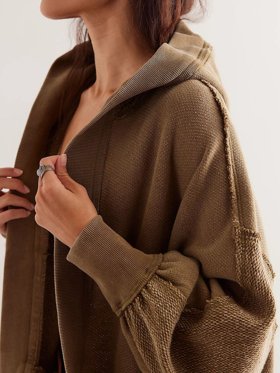 Exposed Seam Batwing Sleeve Hooded Cardigan