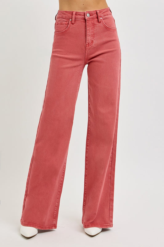 RISEN High Rise Tummy Control Wide Leg Jeans in Brick