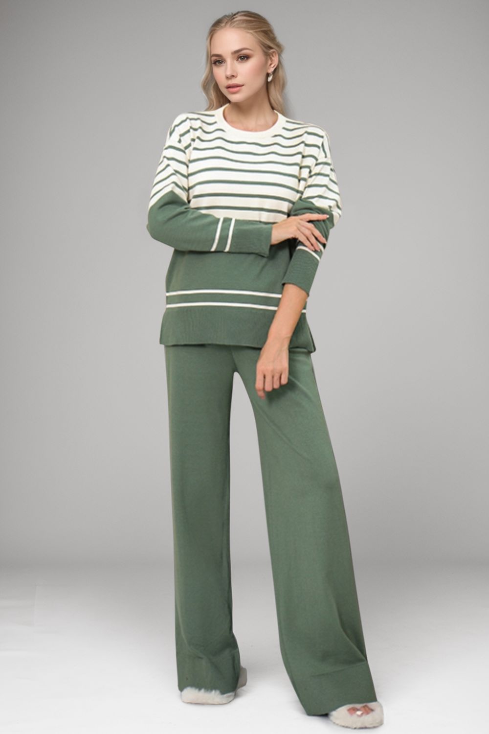 Basic Bae Striped Crewneck Top and Pants Sweater Set