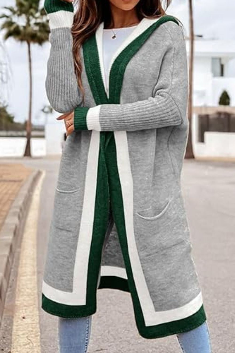 Pocketed Contrast Hooded Cardigan