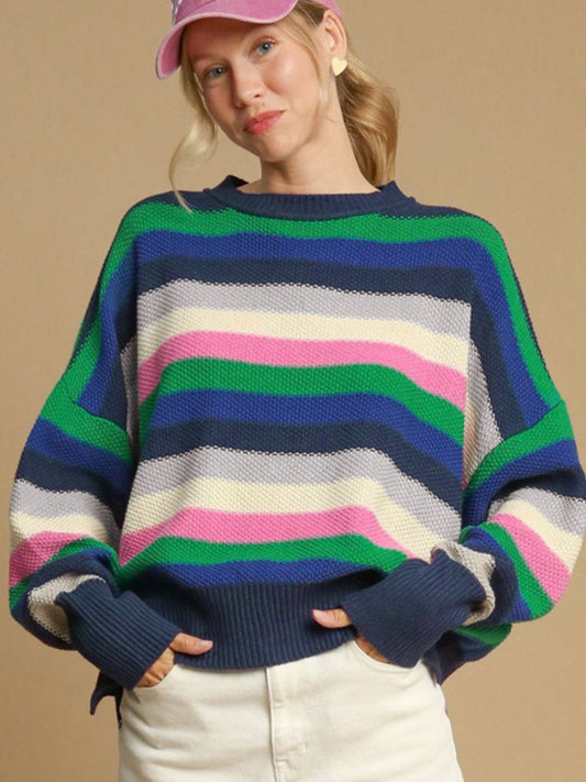 Contrast Striped Round Neck Sweater