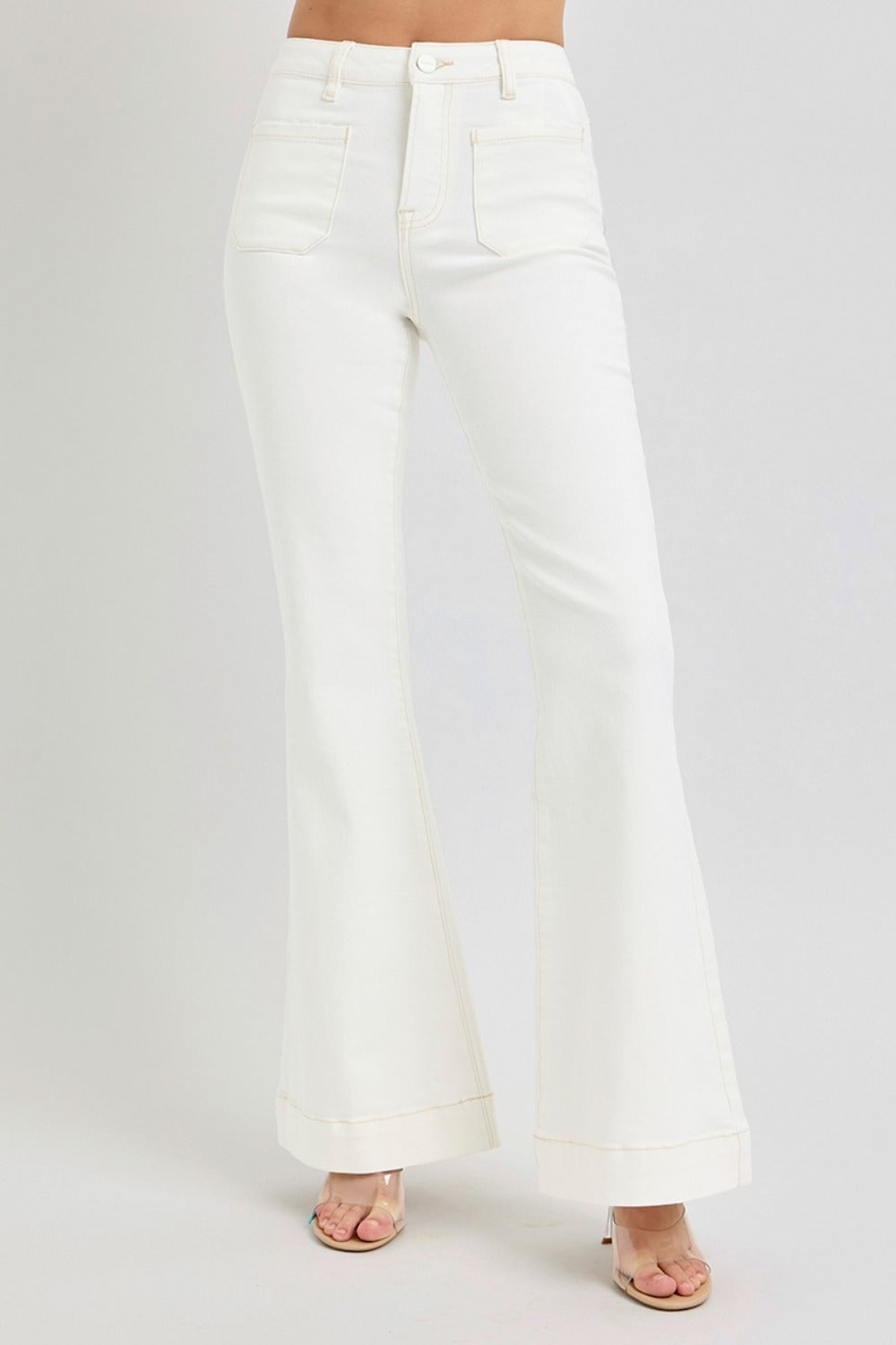 RISEN High Rise Front White Patch Pocket Flare Jeans