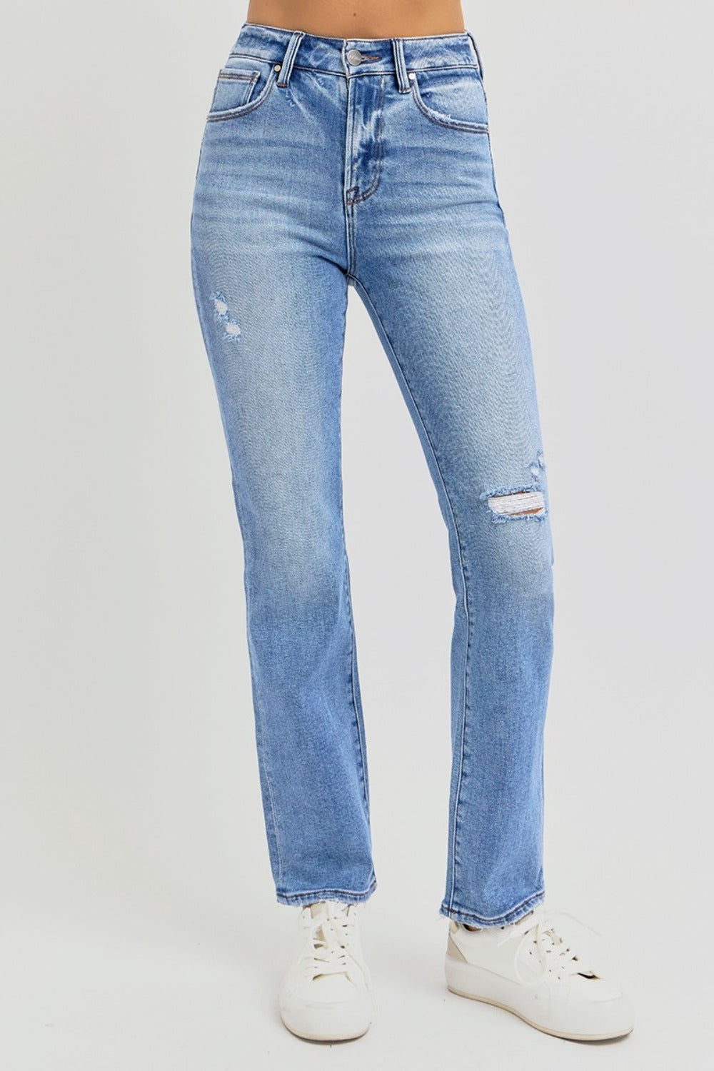 RISEN Distressed High-Rise Ankle Straight Jeans