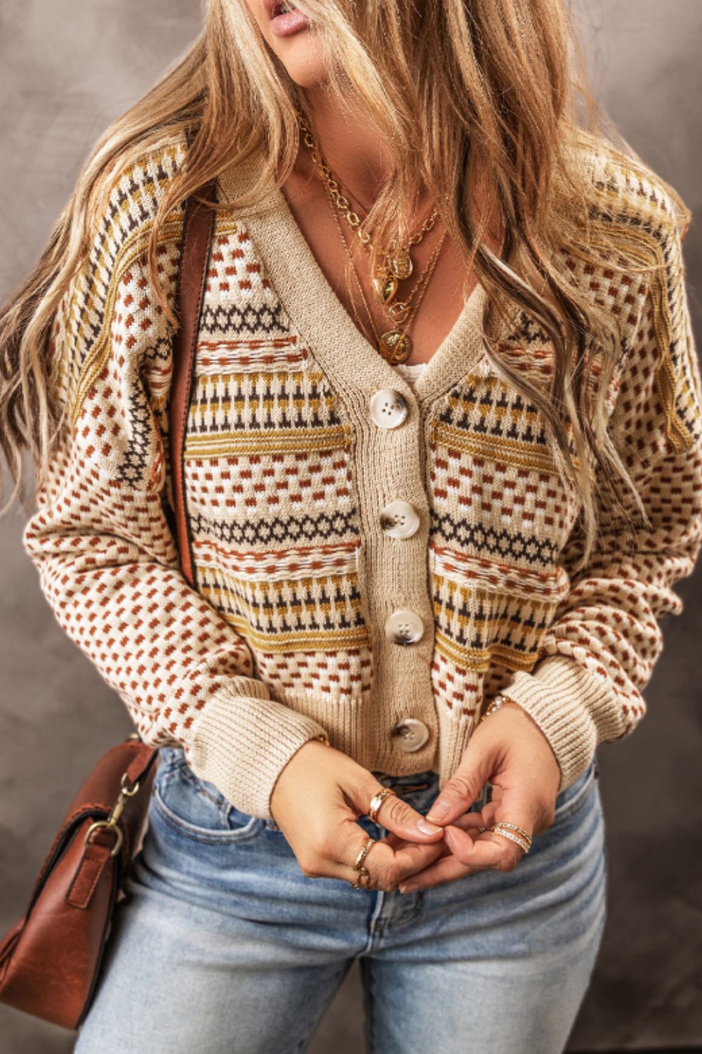 Button Down Neutral Print Cardigan