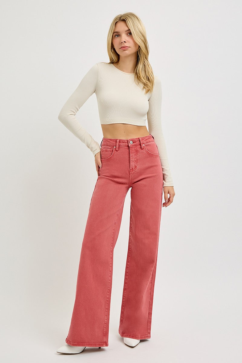 RISEN High Rise Tummy Control Wide Leg Jeans in Brick