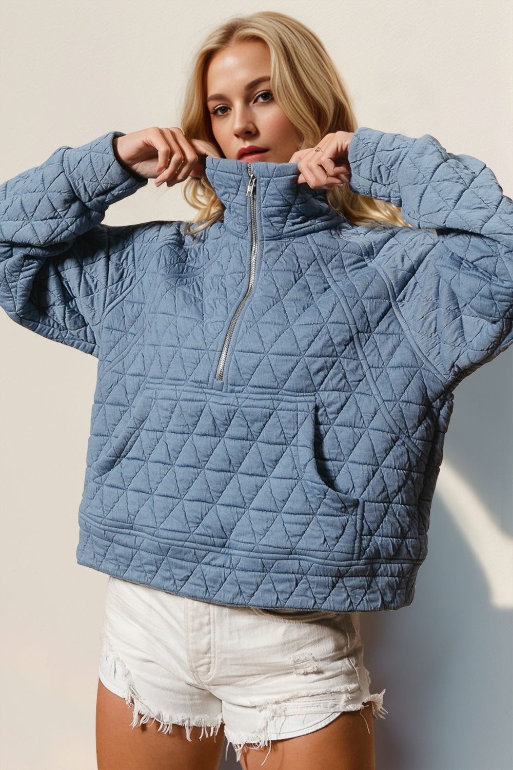 Double Take Half Zip Quilted Kangaroo Pocket Sweatshirt