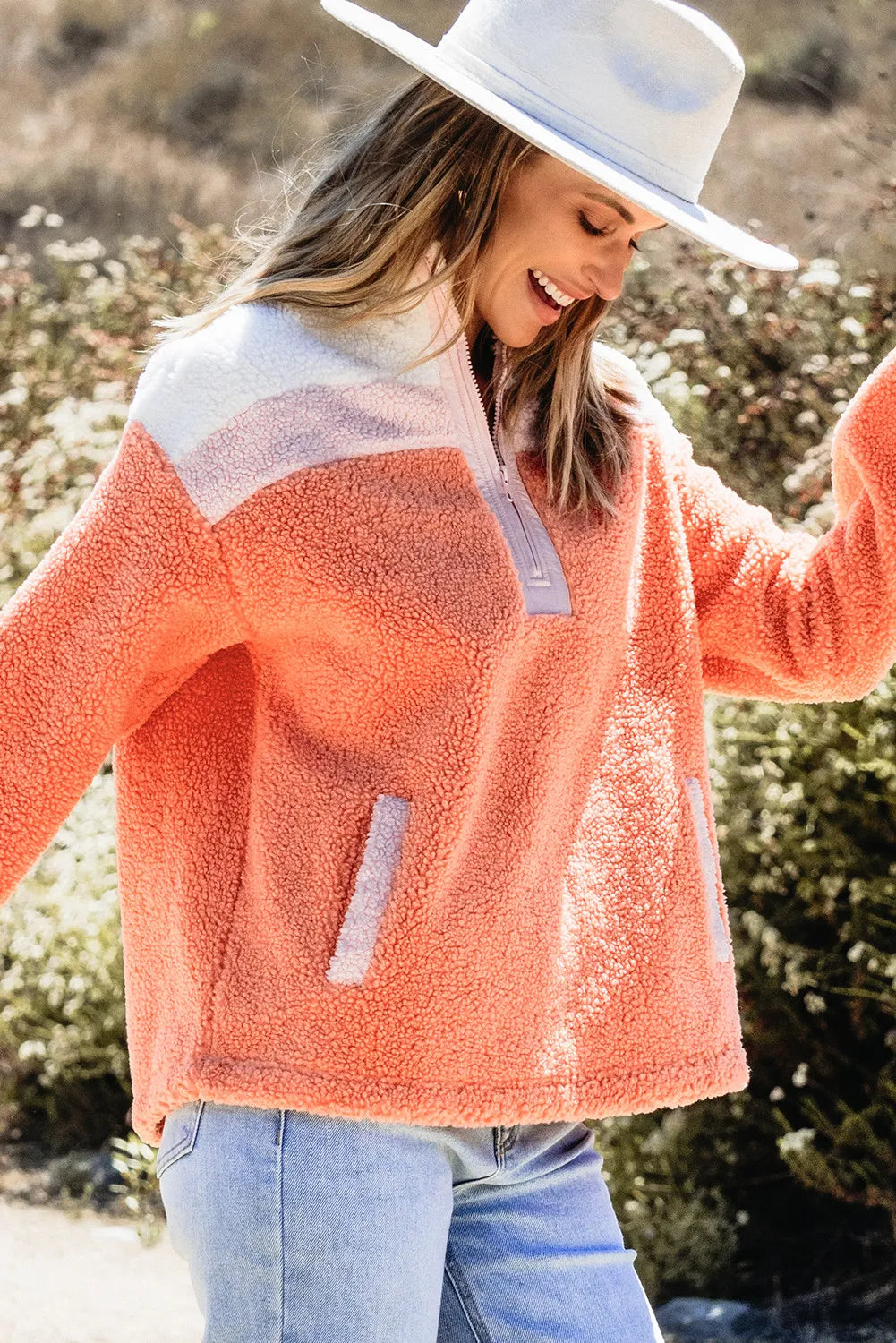 Contrast Half Zip Fuzzy Pullover