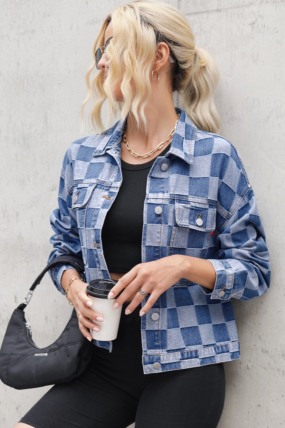 Checkered Button Up Denim Jacket