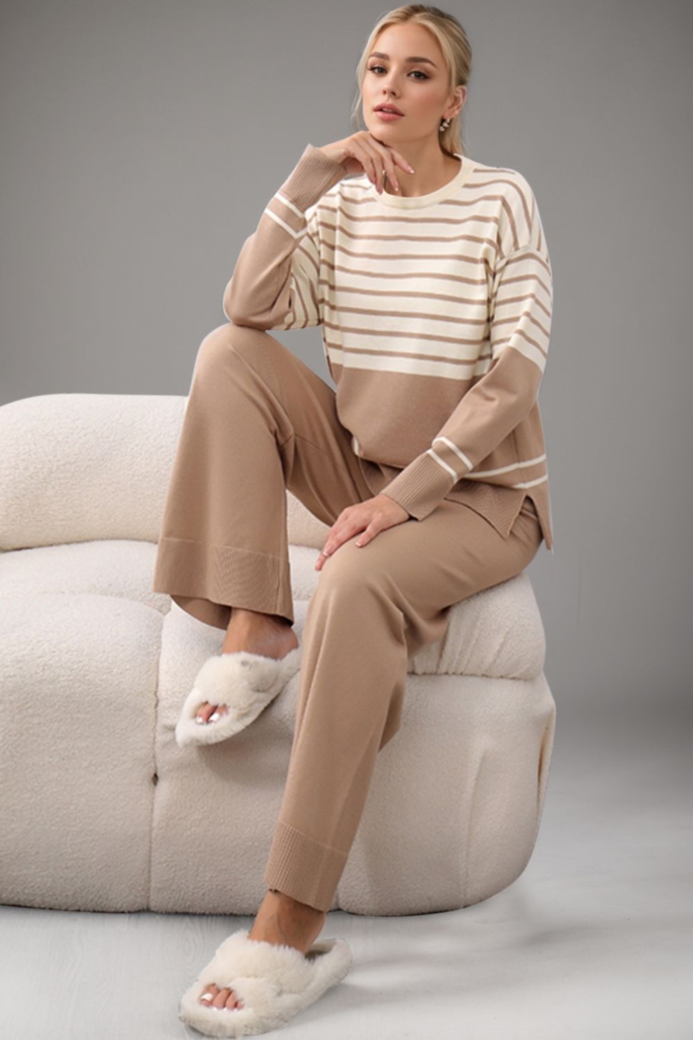 Basic Bae Striped Crewneck Top and Pants Sweater Set