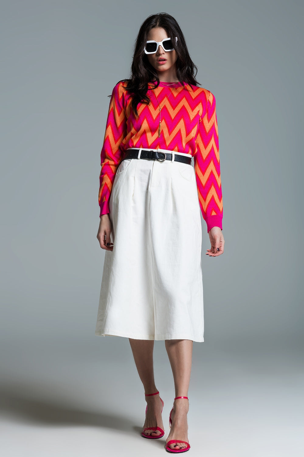 A Line Midi White Skirt with Pockets in White