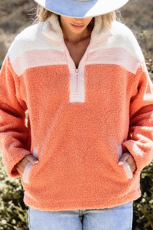 Contrast Half Zip Fuzzy Pullover