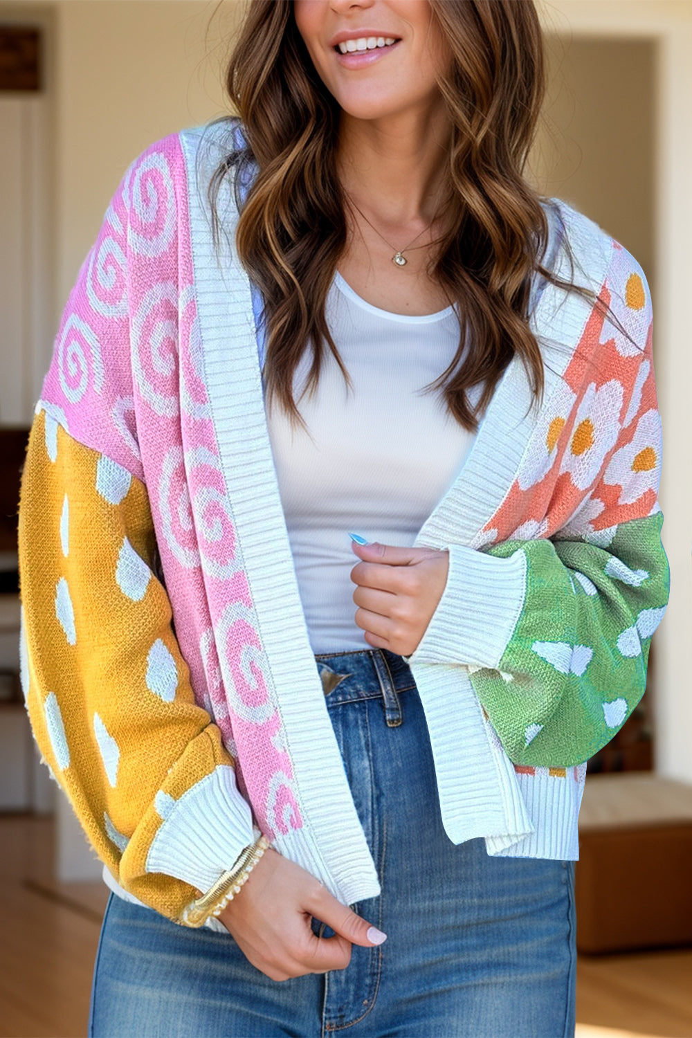 Open Front Colorful Patterns Cardigan