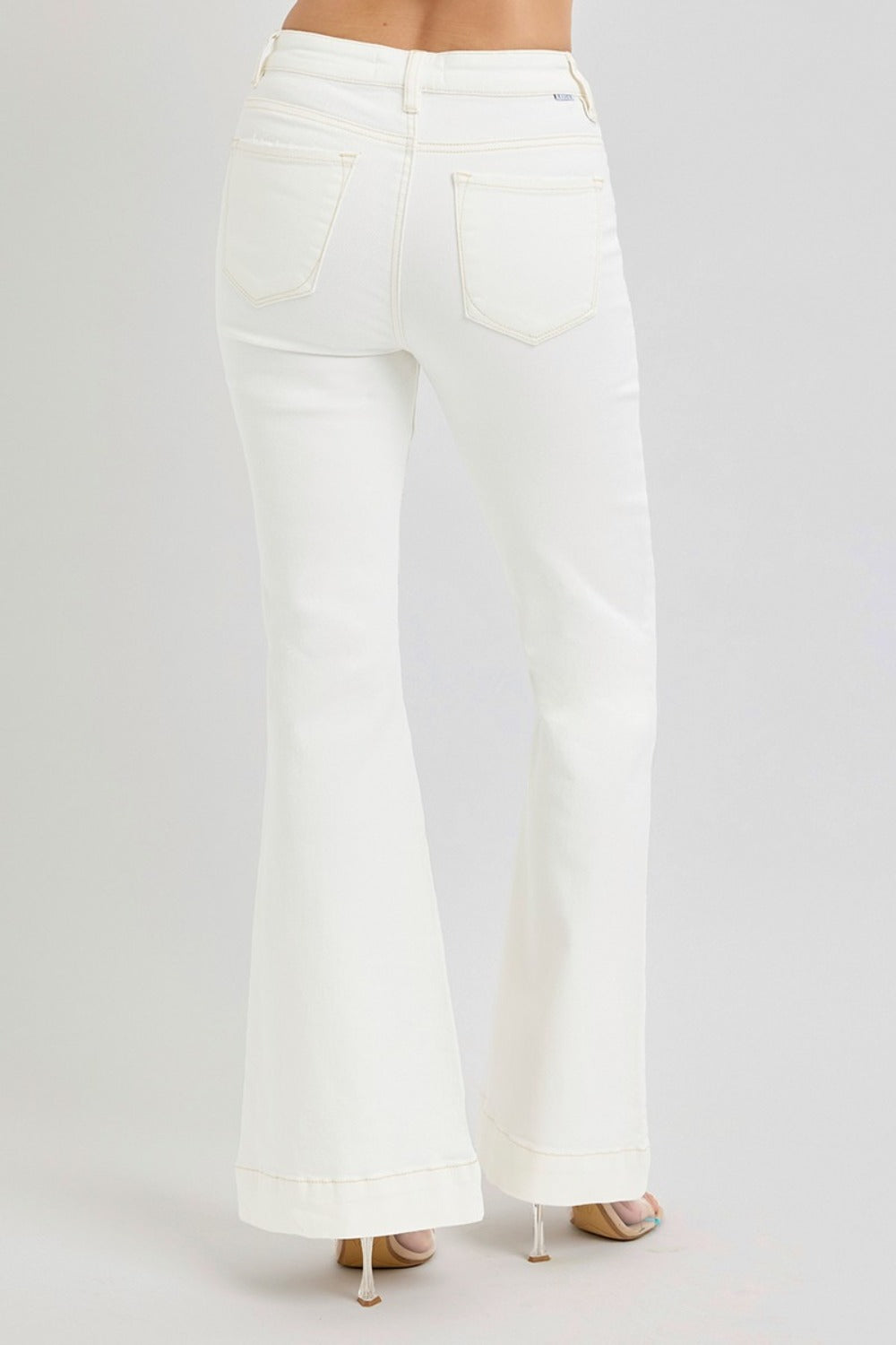 RISEN High Rise Front White Patch Pocket Flare Jeans