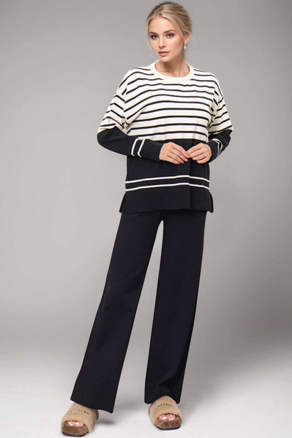 Basic Bae Striped Crewneck Top and Pants Sweater Set