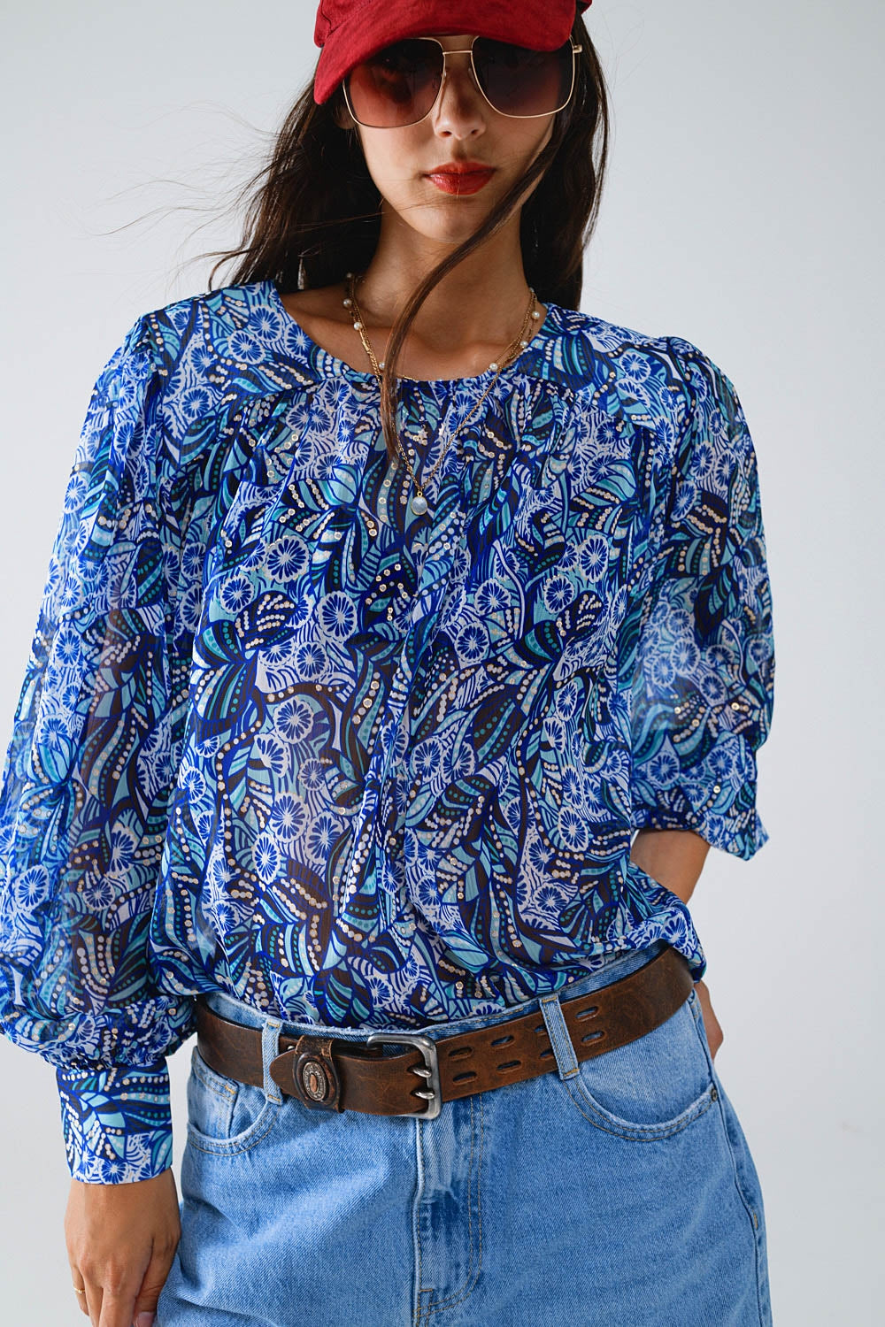 Q2 Abstract Print Blouse With Balloon Sleeves in Blue