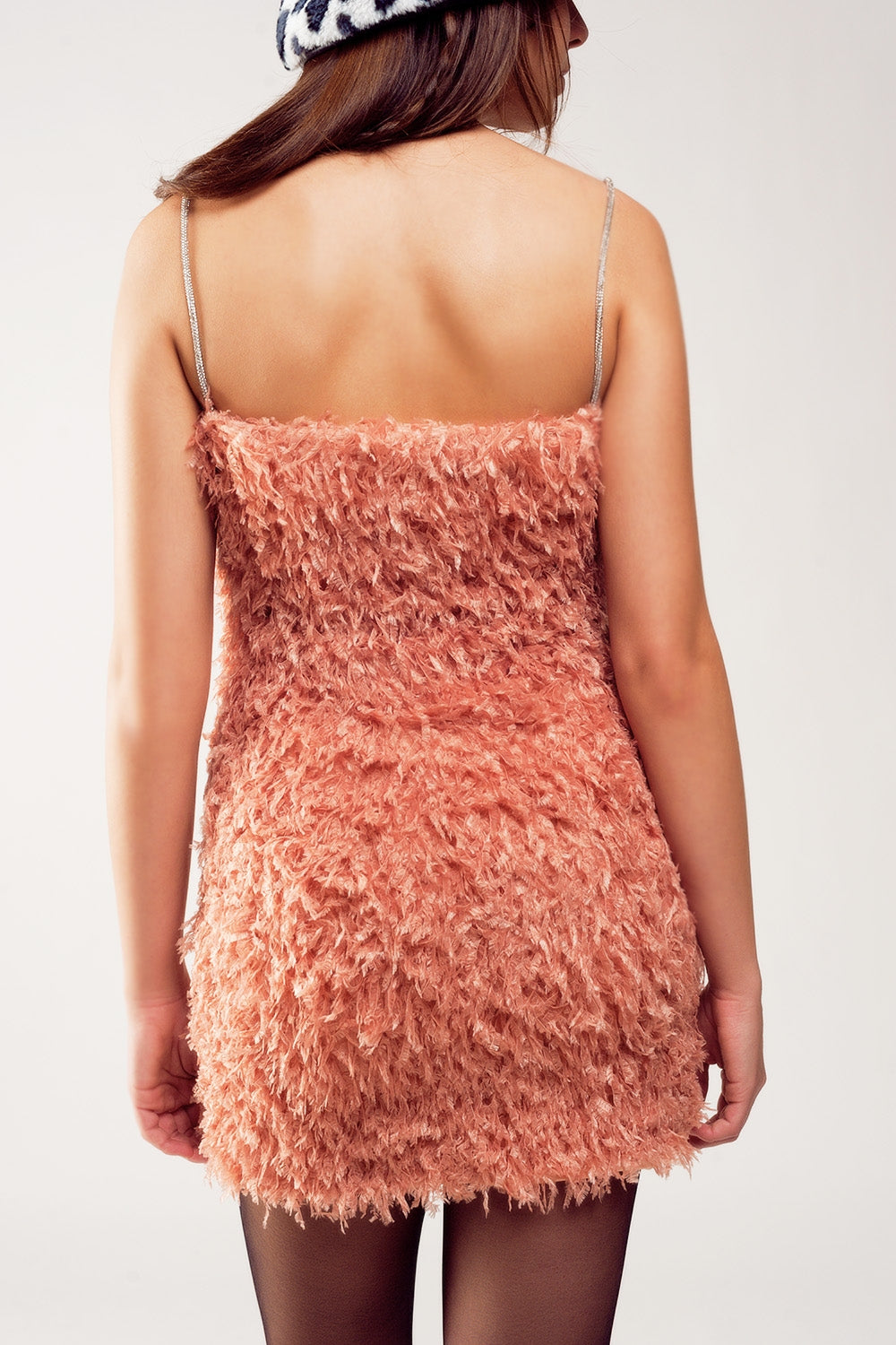 All over faux feather sleeveless mini dress in pink