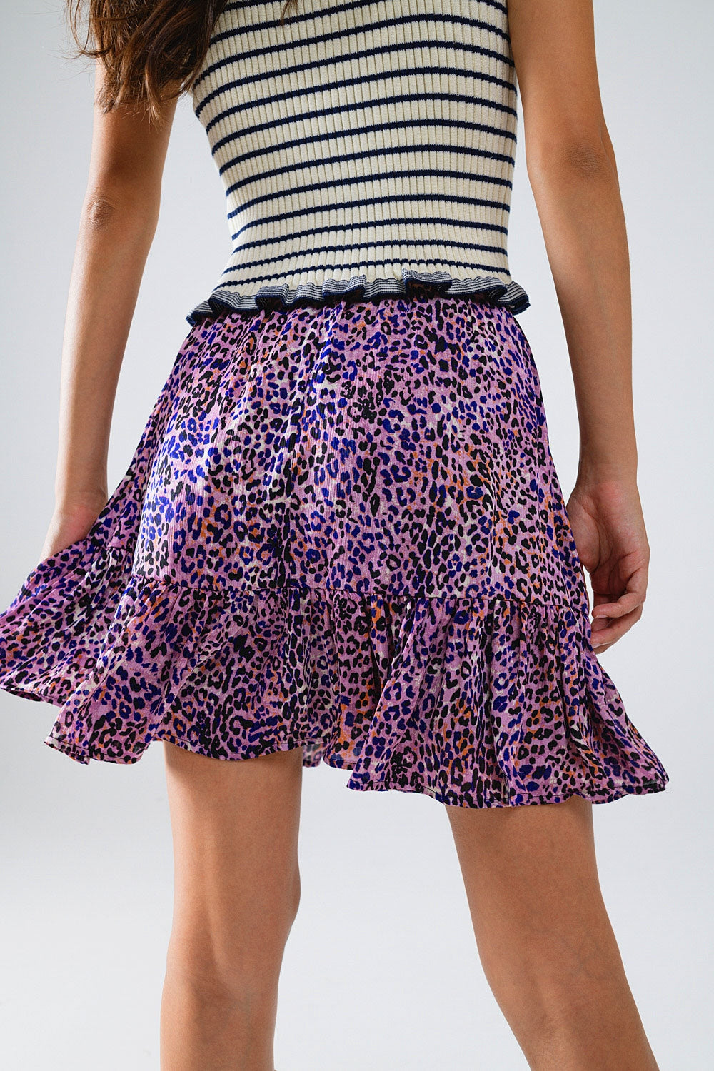 Animal Print Purple Mini Skirt with Ruffle