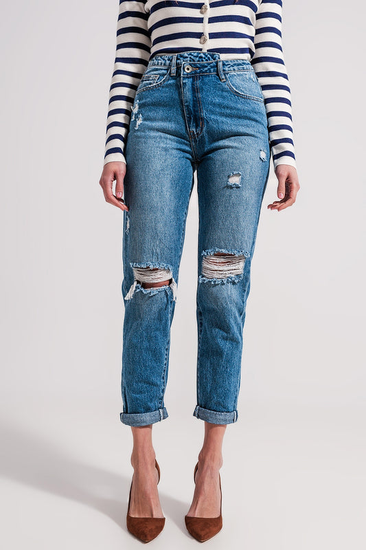 Q2 Asymmetric button detail jeans in mid blue