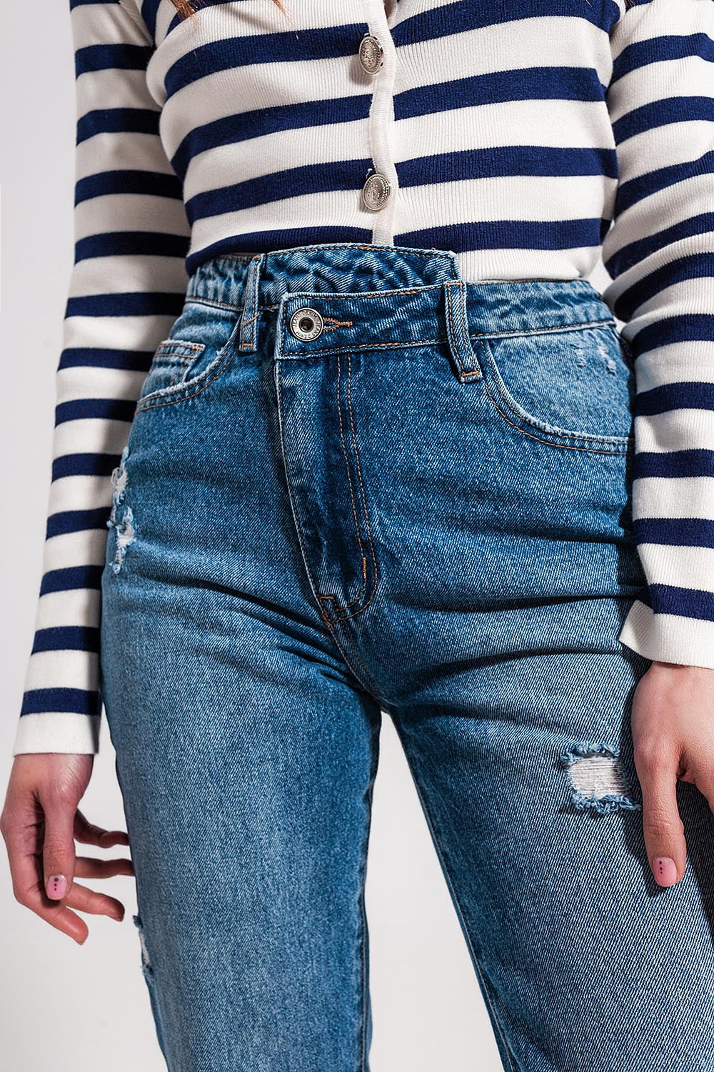 Asymmetric Button Detail Jeans in Mid Blue