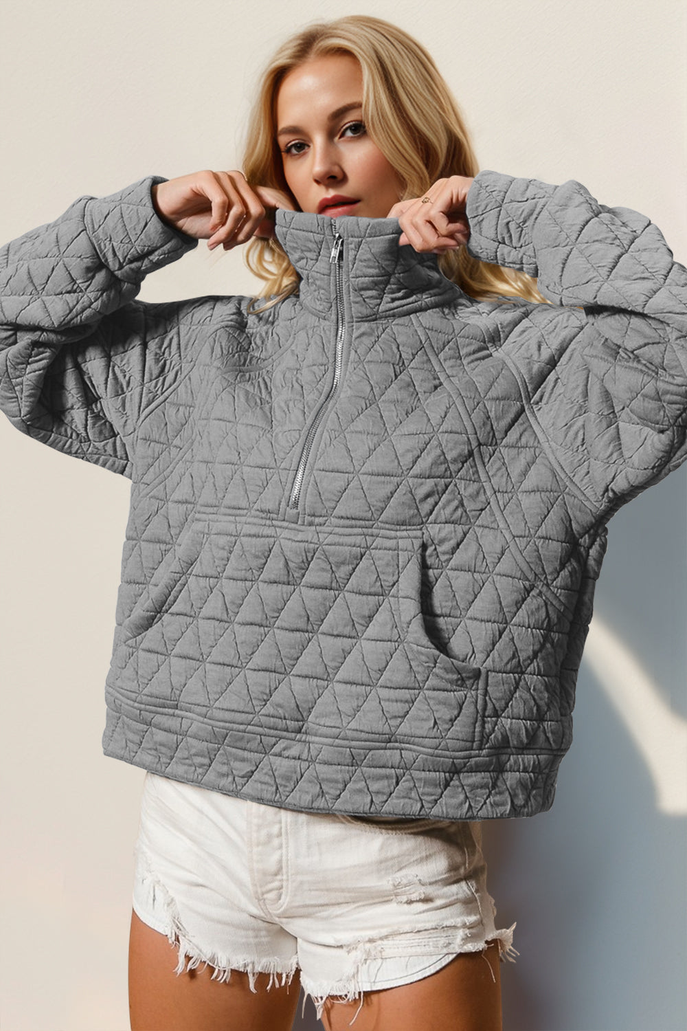 Double Take Half Zip Quilted Kangaroo Pocket Sweatshirt