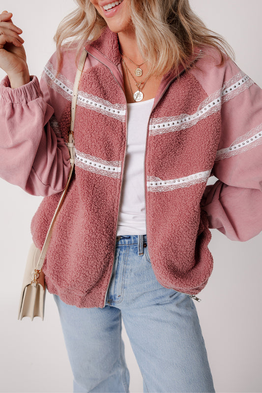 Lace Detail Sherpa Patchwork Jacket