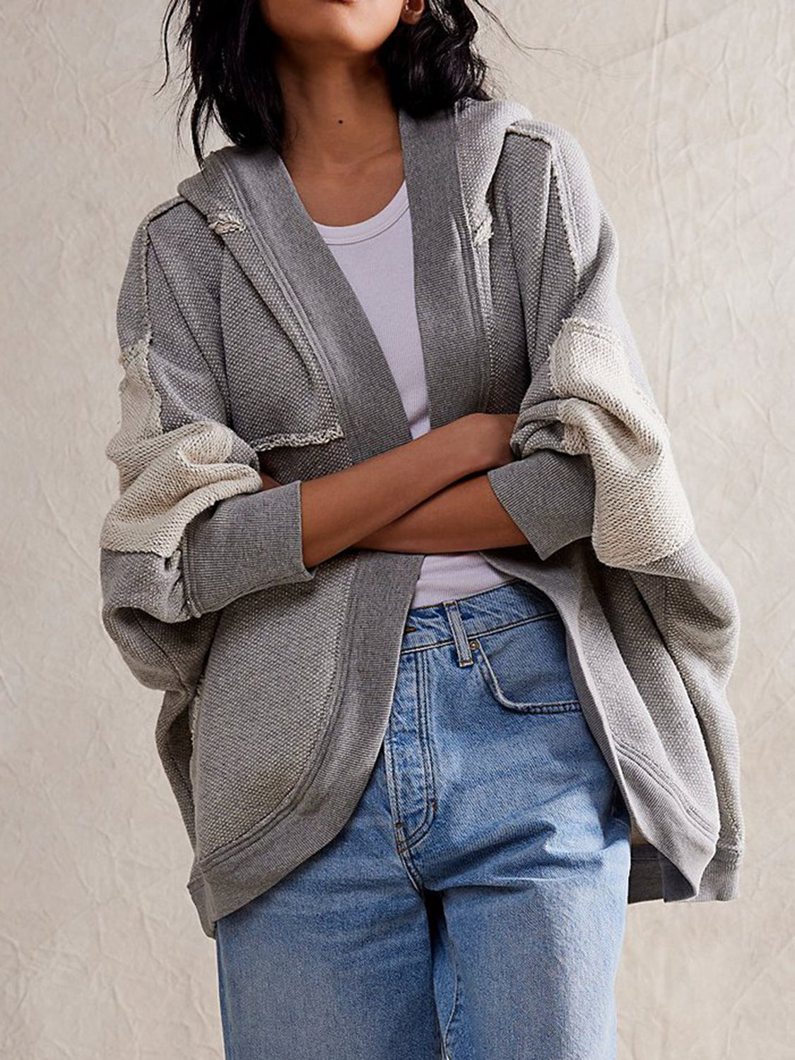 Exposed Seam Batwing Sleeve Hooded Cardigan