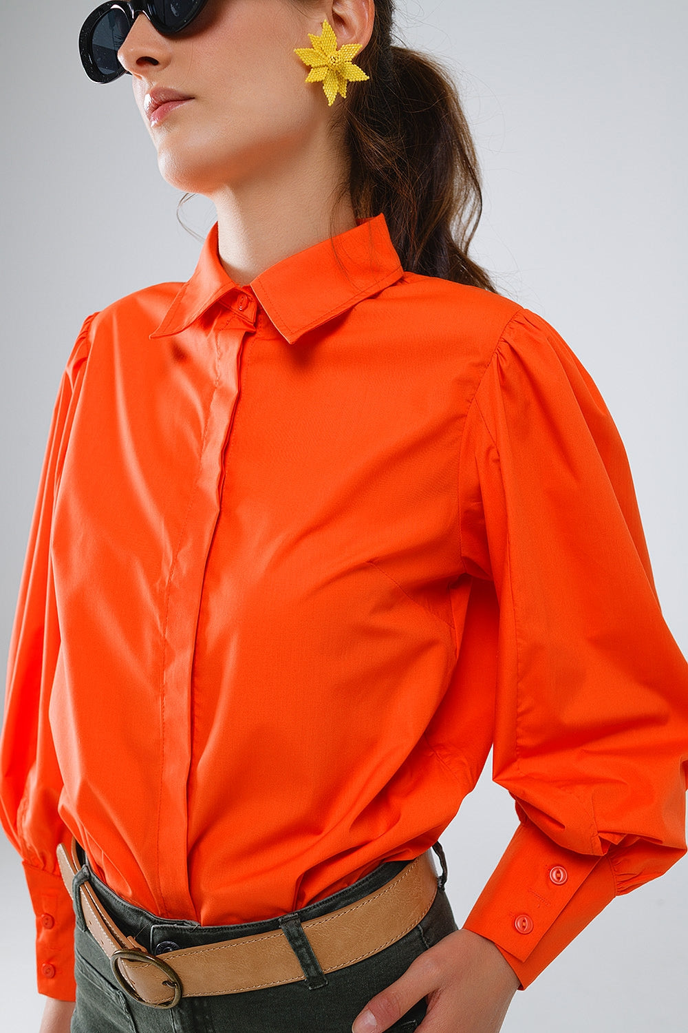 Basic Poplin Orange Shirt with Balloon Long Sleeves