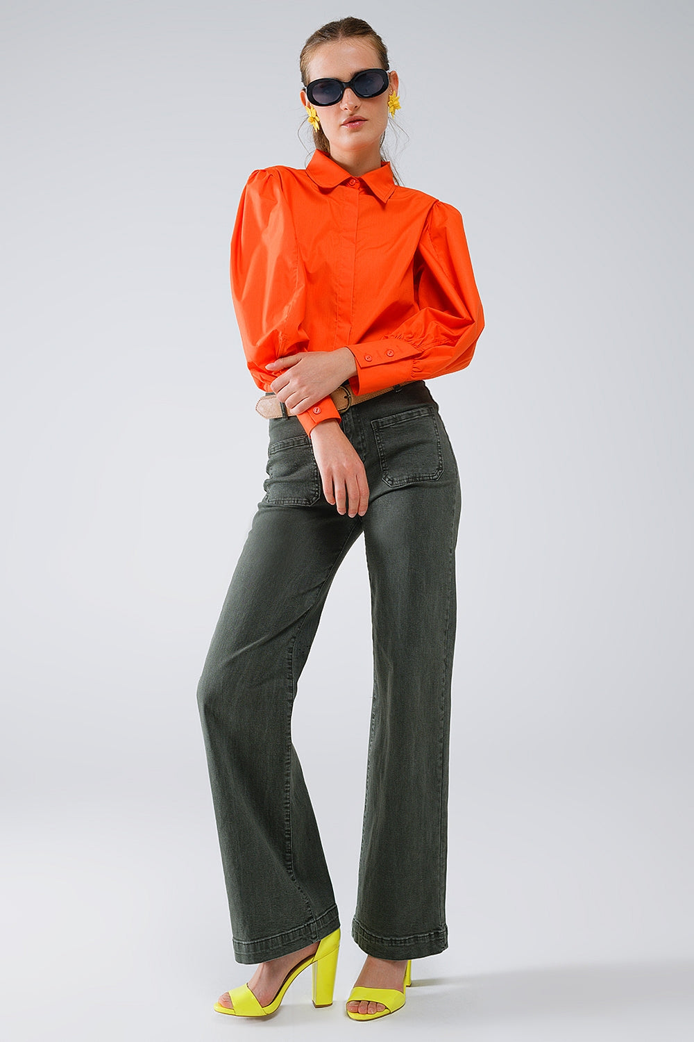 Basic Poplin Orange Shirt with Balloon Long Sleeves