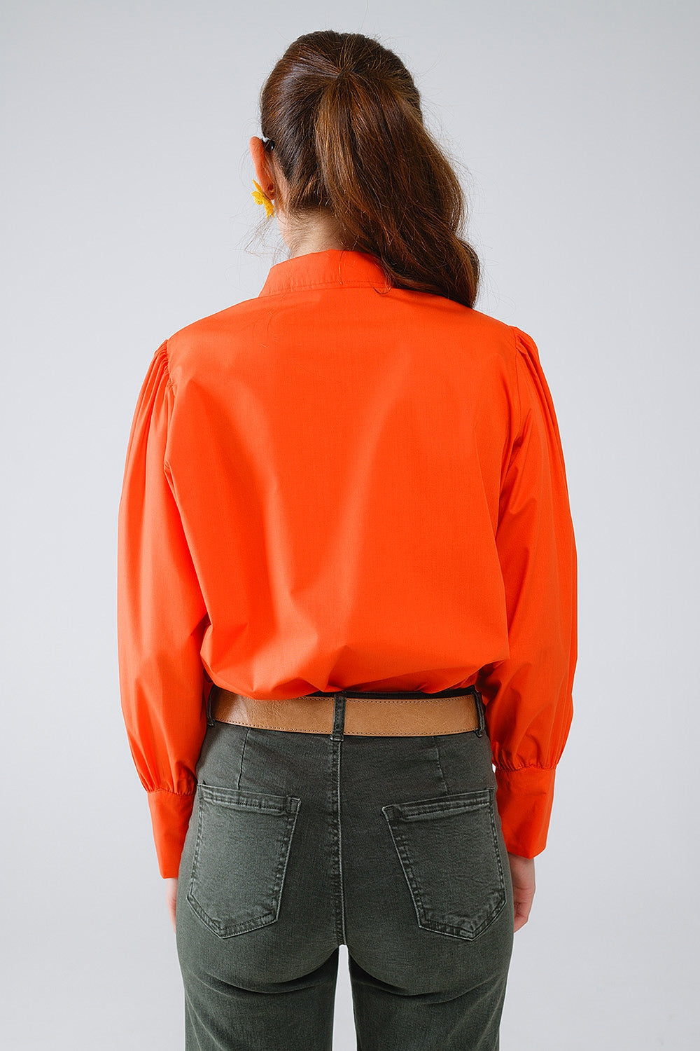 Basic Poplin Orange Shirt with Balloon Long Sleeves