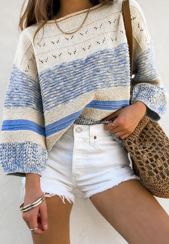 Blue Contrast Round Neck Sweater