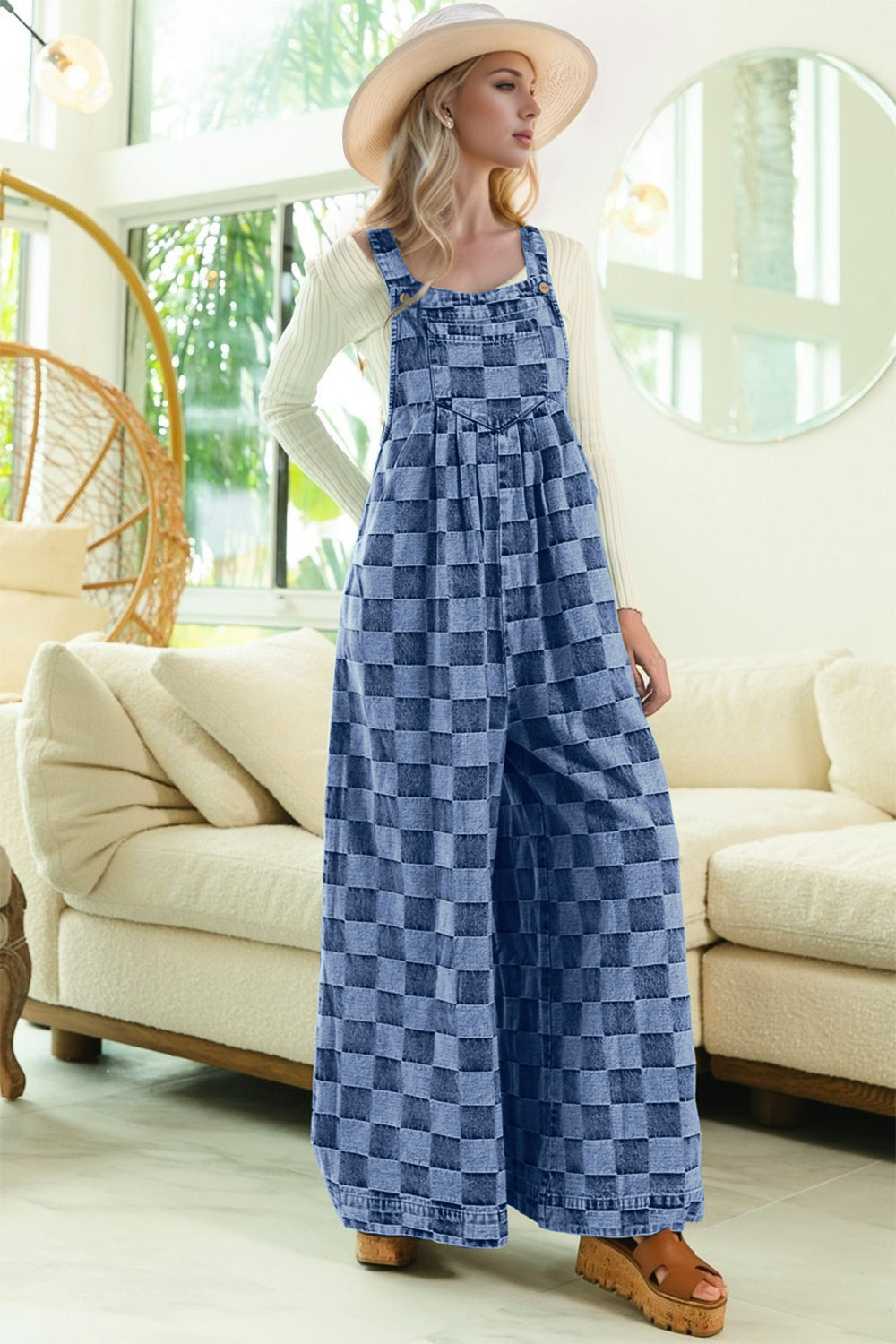 Double Take Checkered Wide Leg Denim Jumpsuit