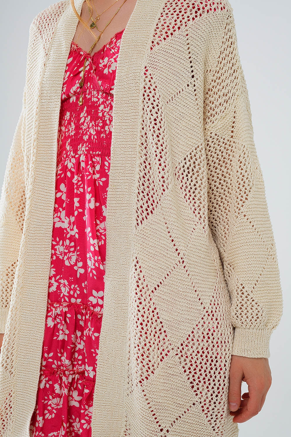 Beige Draped Cardigan with Crochet Design