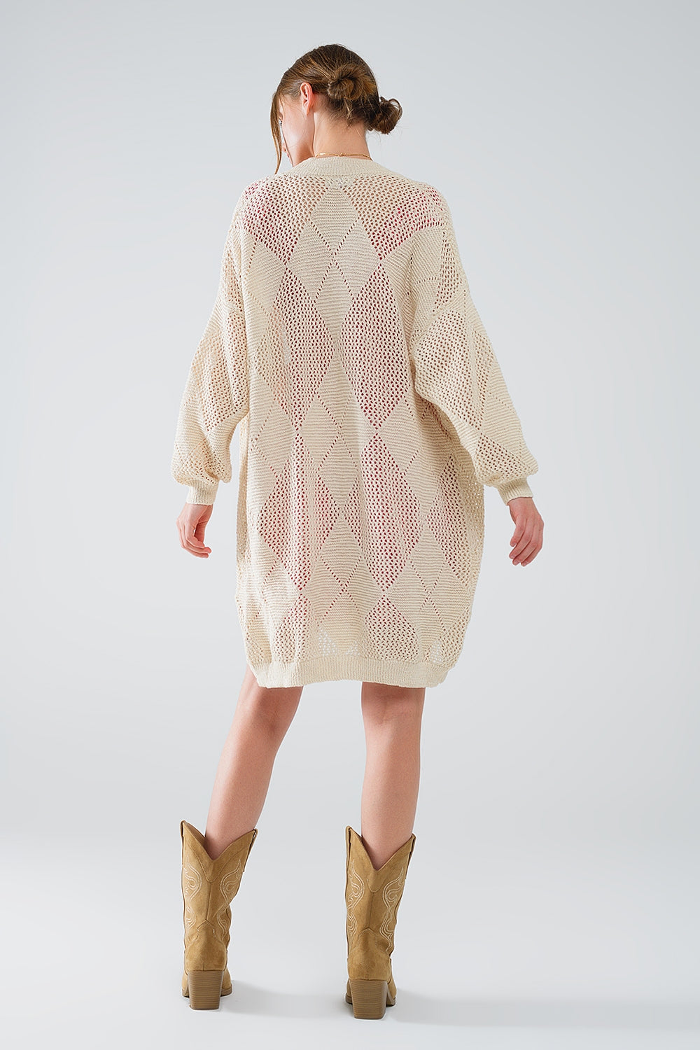 Beige Draped Cardigan with Crochet Design