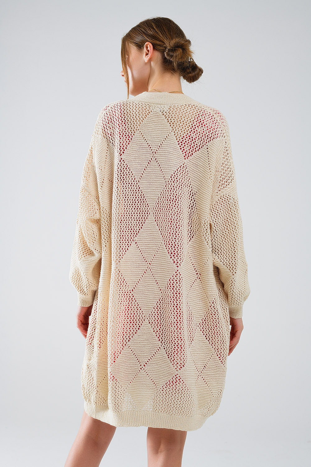 Beige Draped Cardigan with Crochet Design