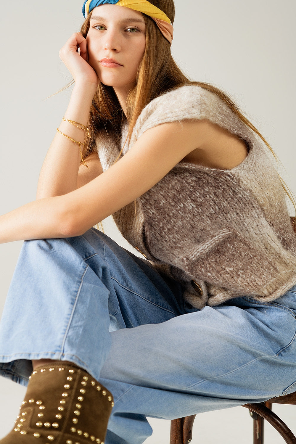 Beige Gradient Knitted Vest with Gold Buttons