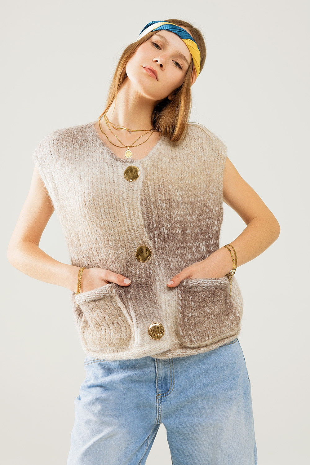 Beige Gradient Knitted Vest with Gold Buttons