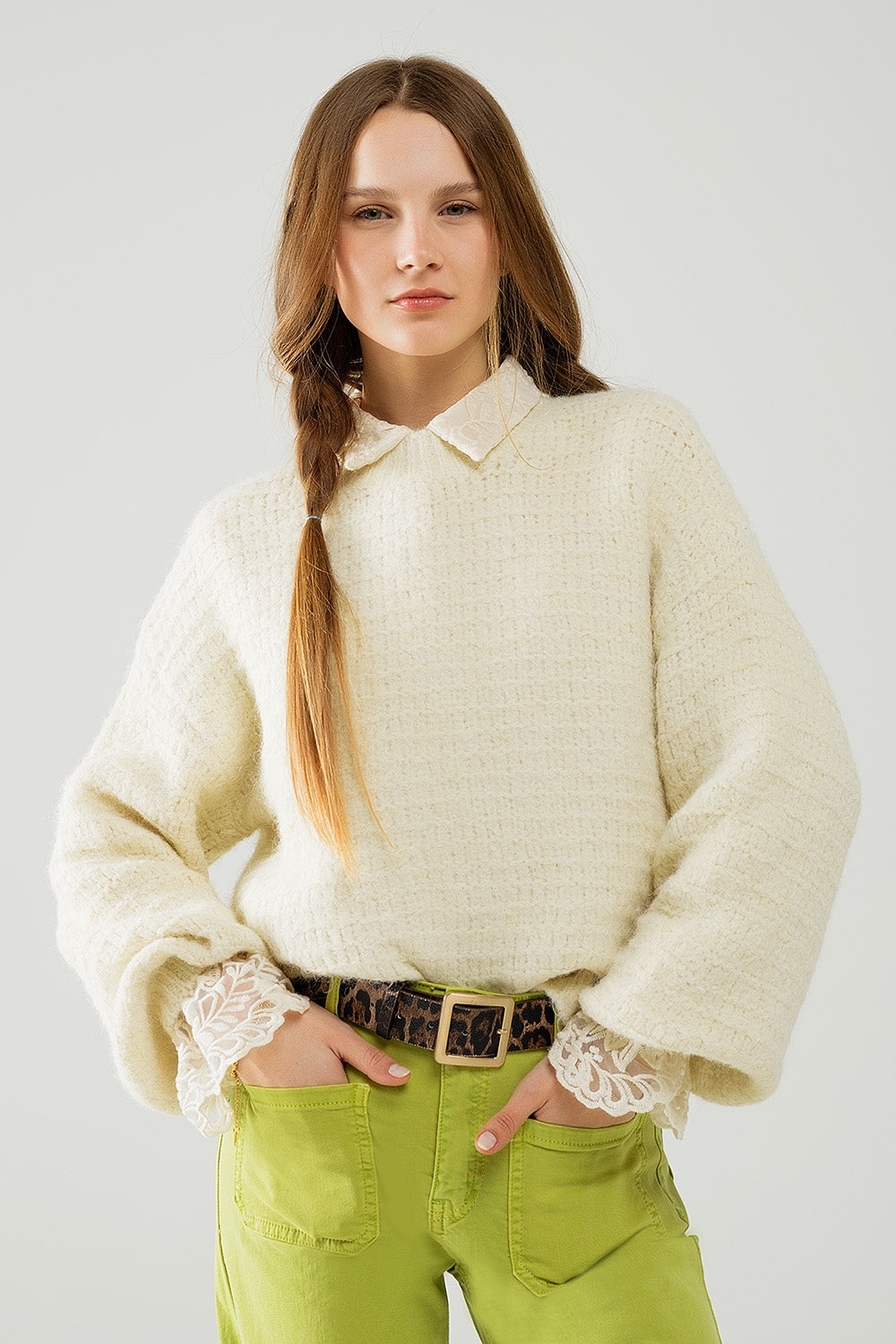 Q2 Beige Knit Sweater with balloon Sleeves