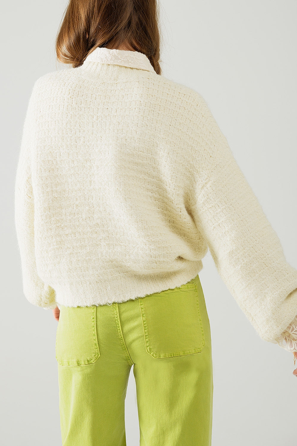 Beige Knit Sweater with Balloon Sleeves