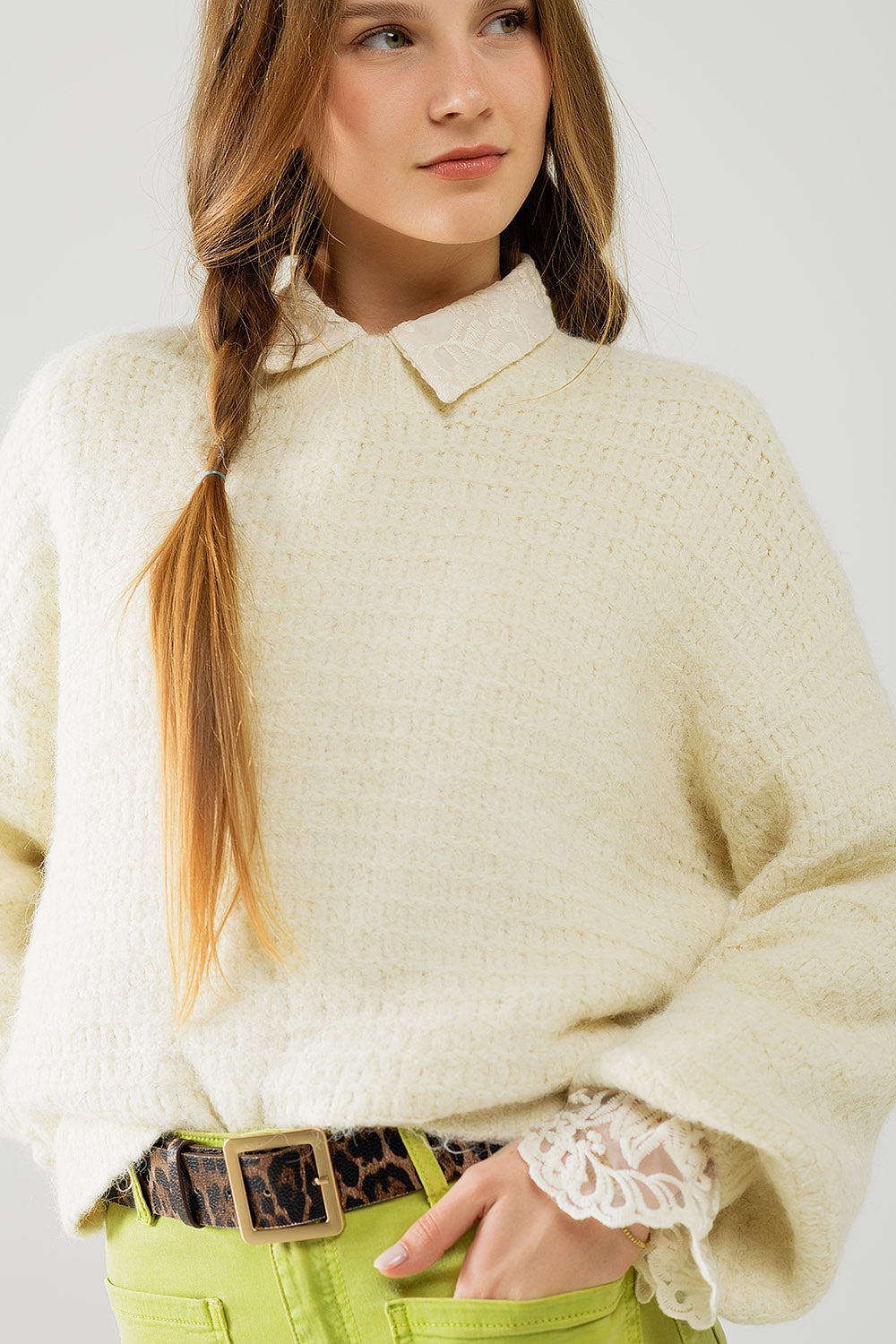 Beige Knit Sweater with Balloon Sleeves