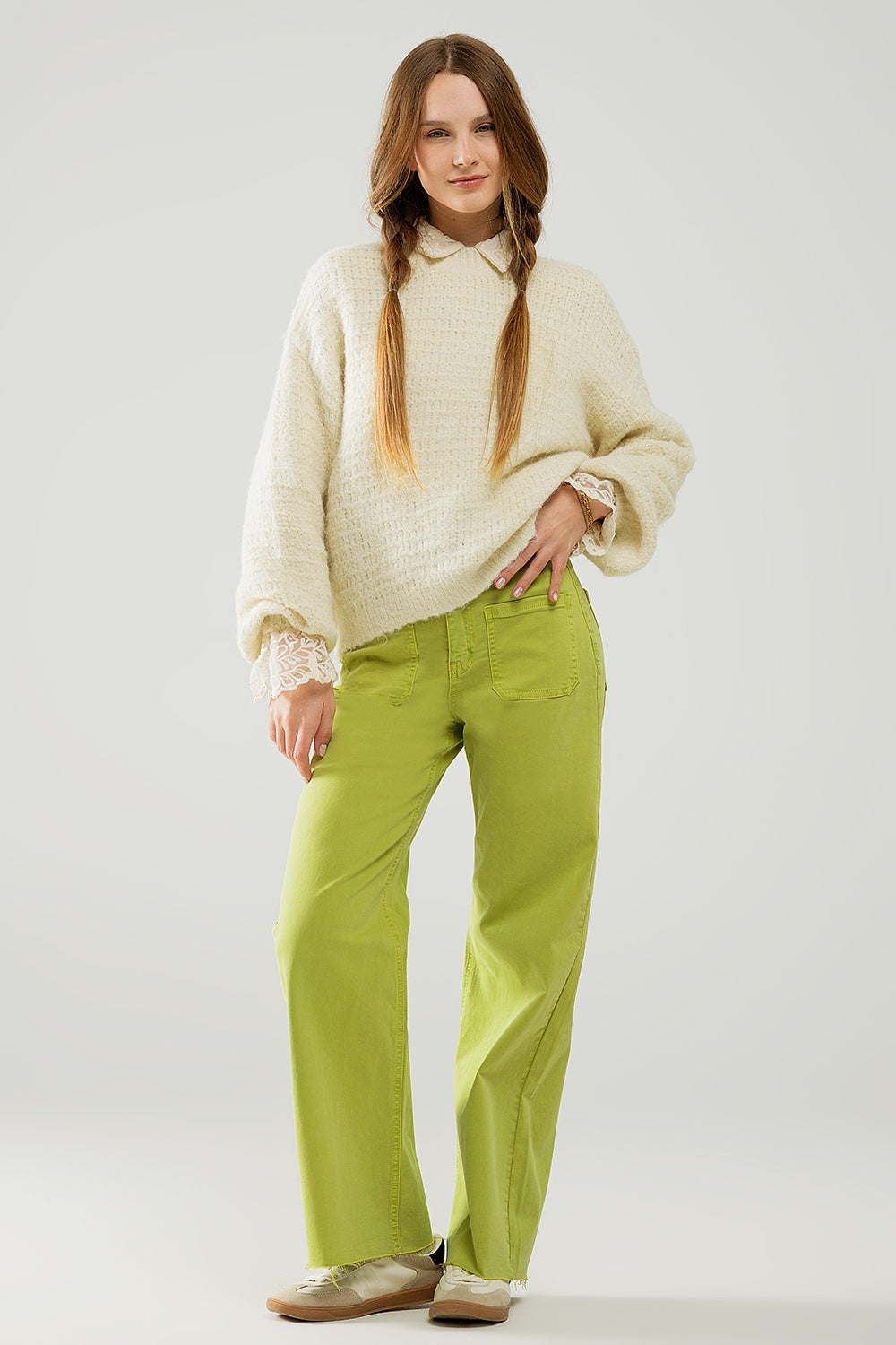 Beige Knit Sweater with Balloon Sleeves