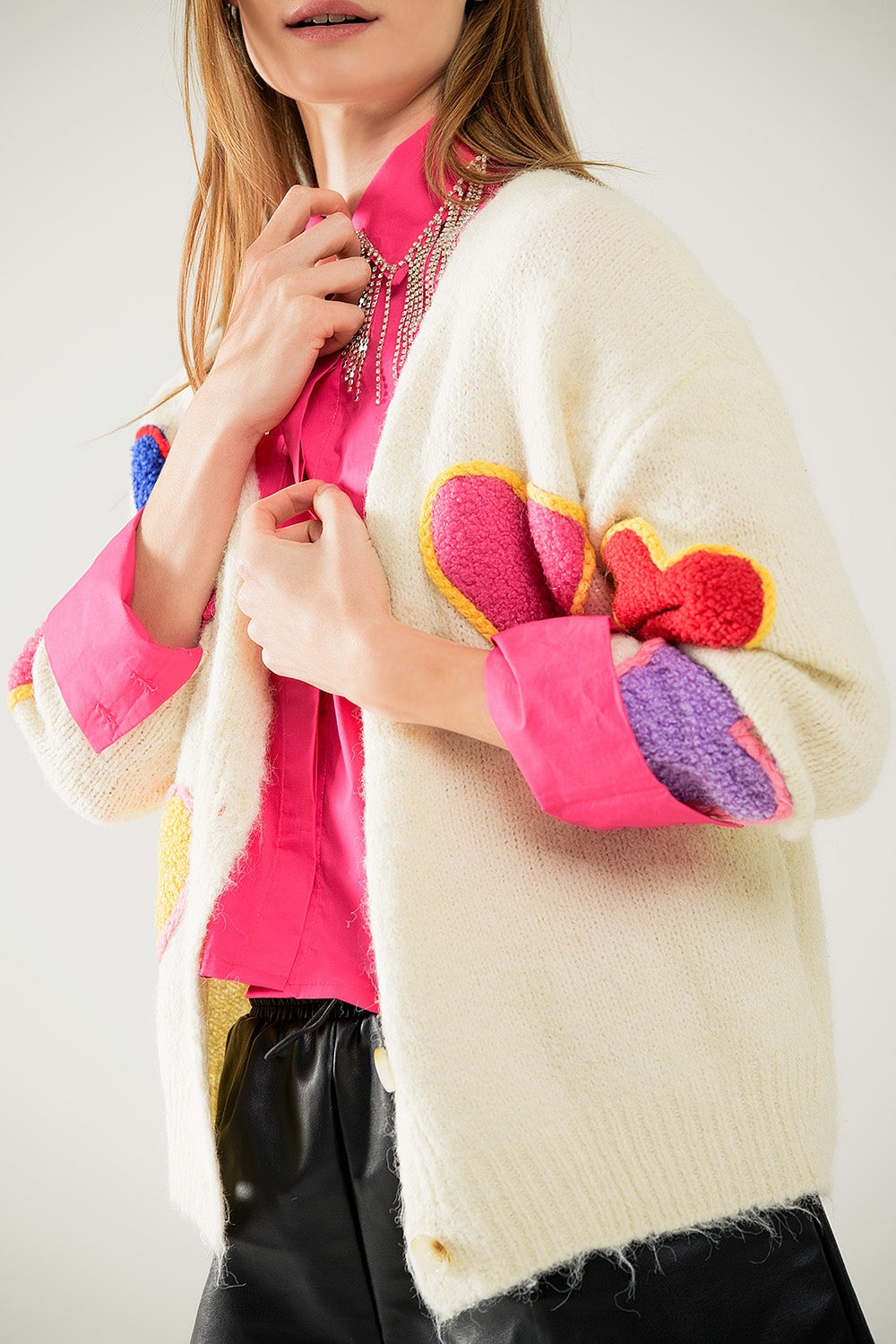 Beige Knitted Cardigan with Embroidered Hearts