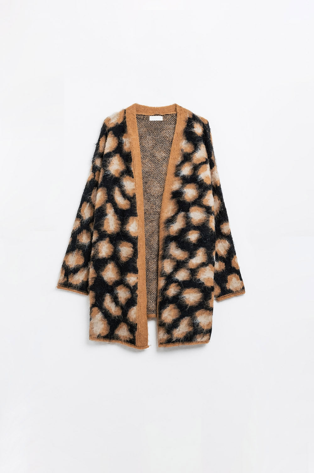 Black Leopard Print Cardigan Made of Knitted Fabric with Wool