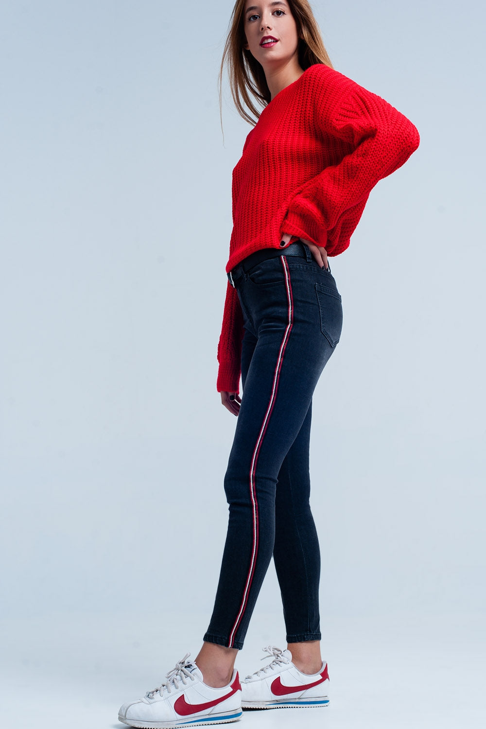 Black Skinny Jeans with Red Side Stripe