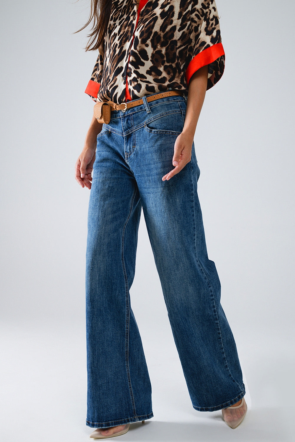 Blue Flare Jeans with Stitching Detail