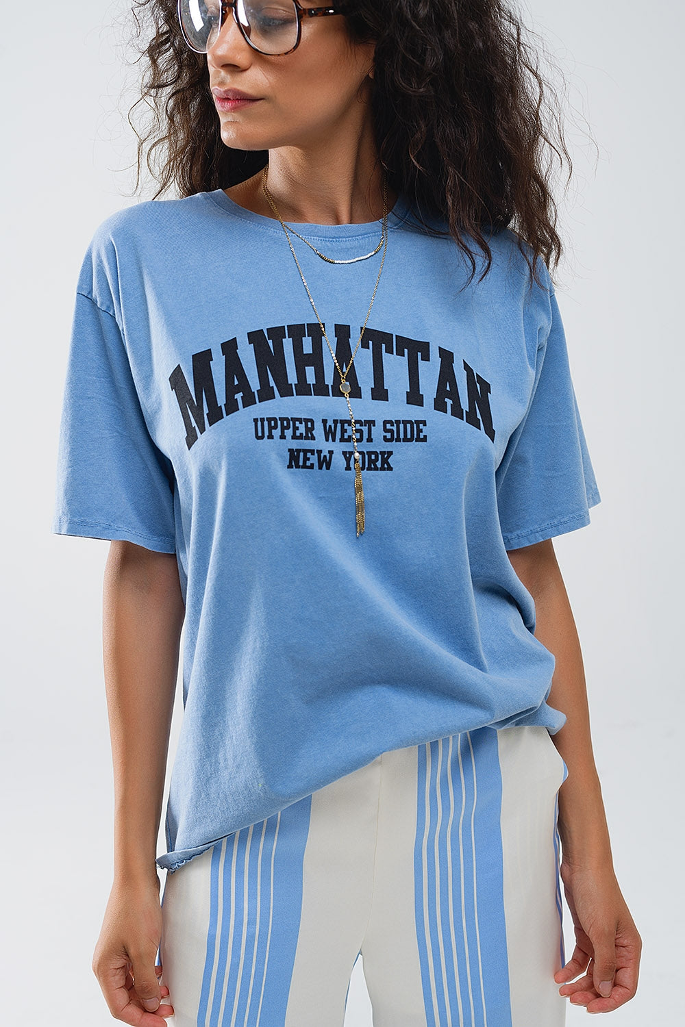 Blue Relaxed T-shirt with Manhattan Text