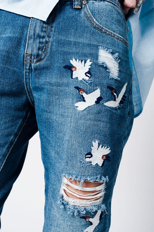 Blue Wash Mom Jeans with Bird Embroidery