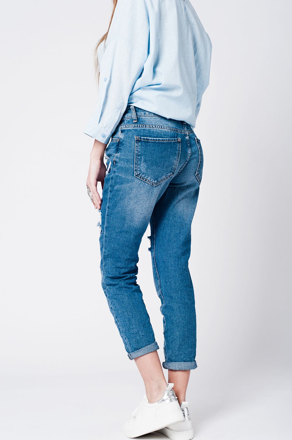 Blue Wash Mom Jeans with Bird Embroidery