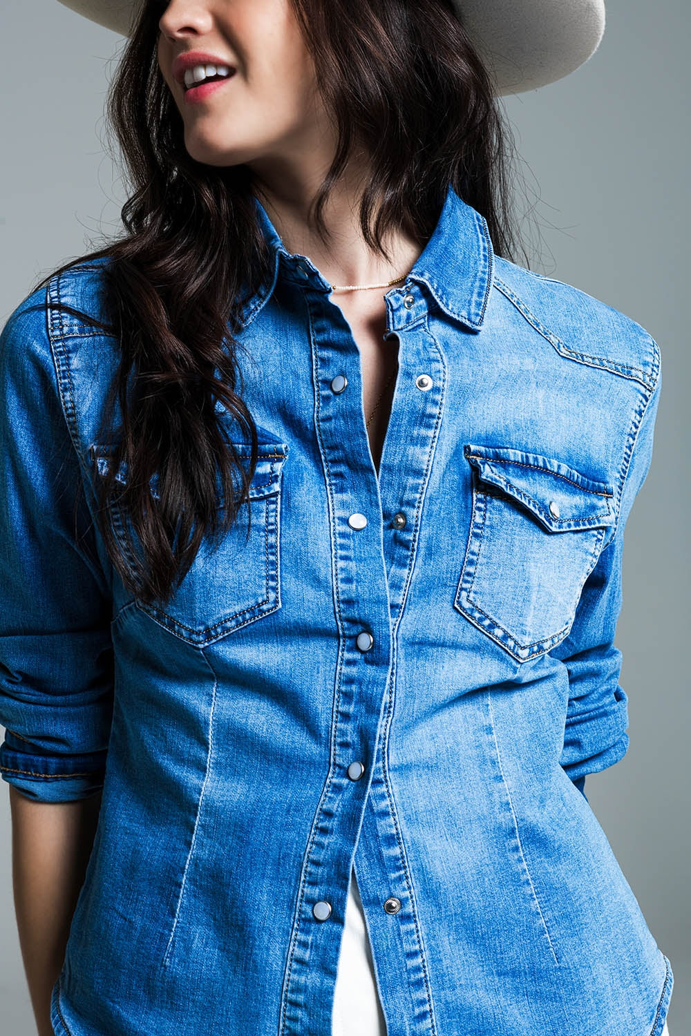 Body Con Mid Wash Denim Shirt with Chest Pockets and Press Buttons