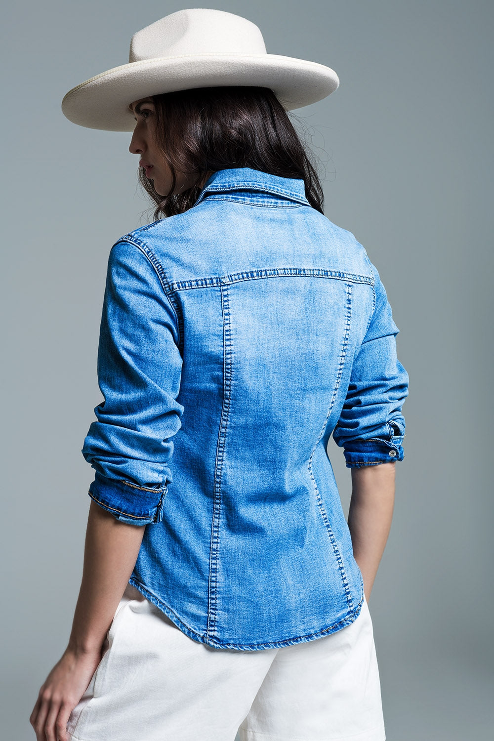 Body Con Mid Wash Denim Shirt with Chest Pockets and Press Buttons